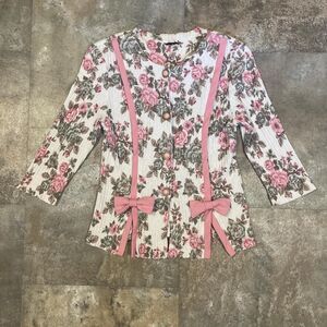 vintage 90s coquette pink and white floral cardigan with bows pearls size small